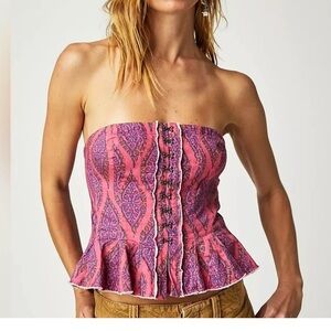 Free People Pink & Purple Strapless Peplum Crop Top